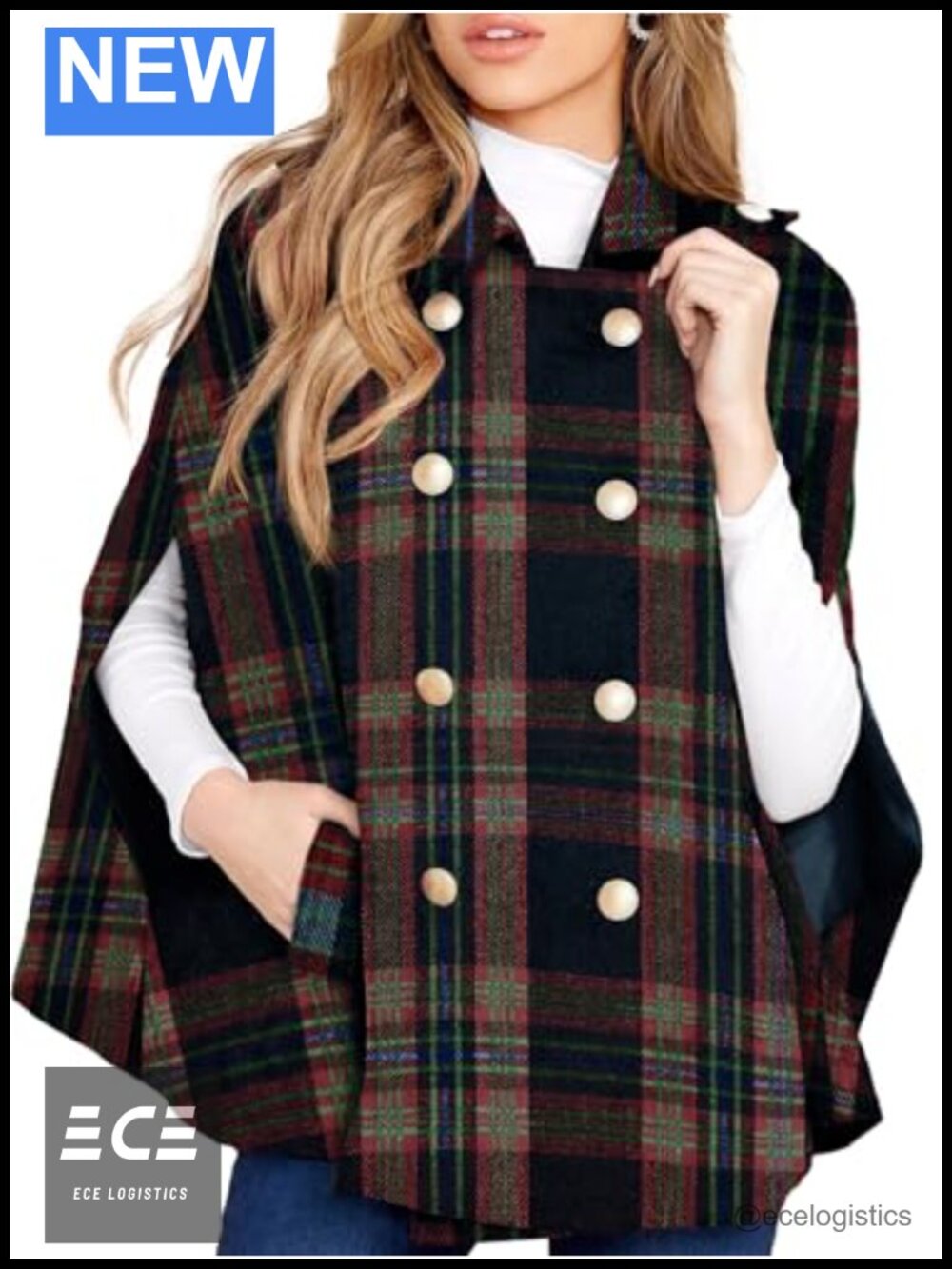 Women's Plaid Double Breasted Cape Coat Poncho with Pockets Turn Down Collar